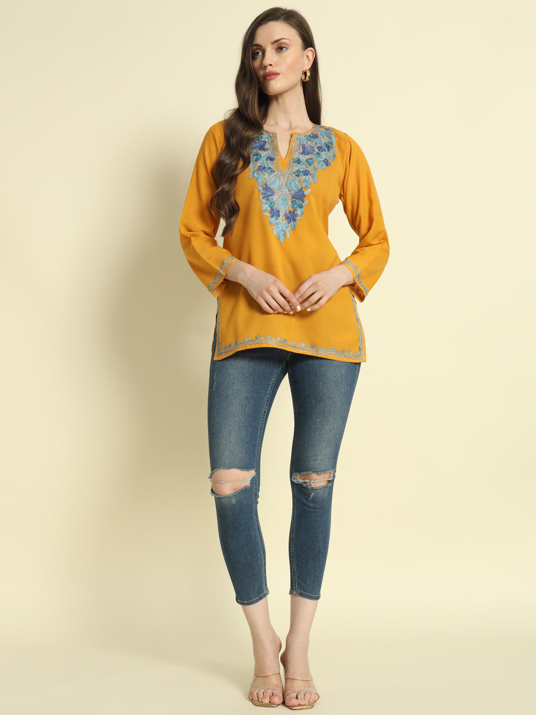 Mustard Cotton Kurti with Teal and Blue Embroidery – THE DAL SERIES
